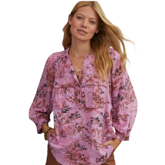 ANTHROPOLOGIE Pilcro pink femme utility gorp duck blouse button up shirt L - Picture 1 of 11